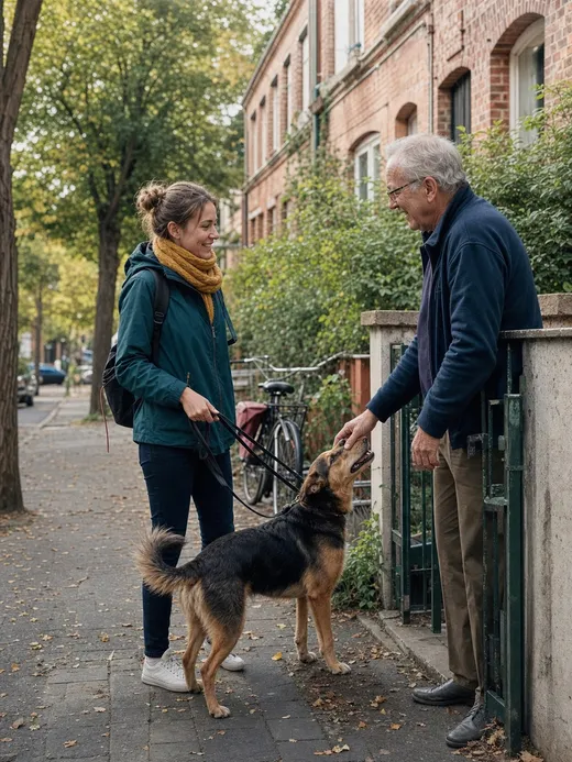 Une Boulotière échange avec un voisin dans sa rue